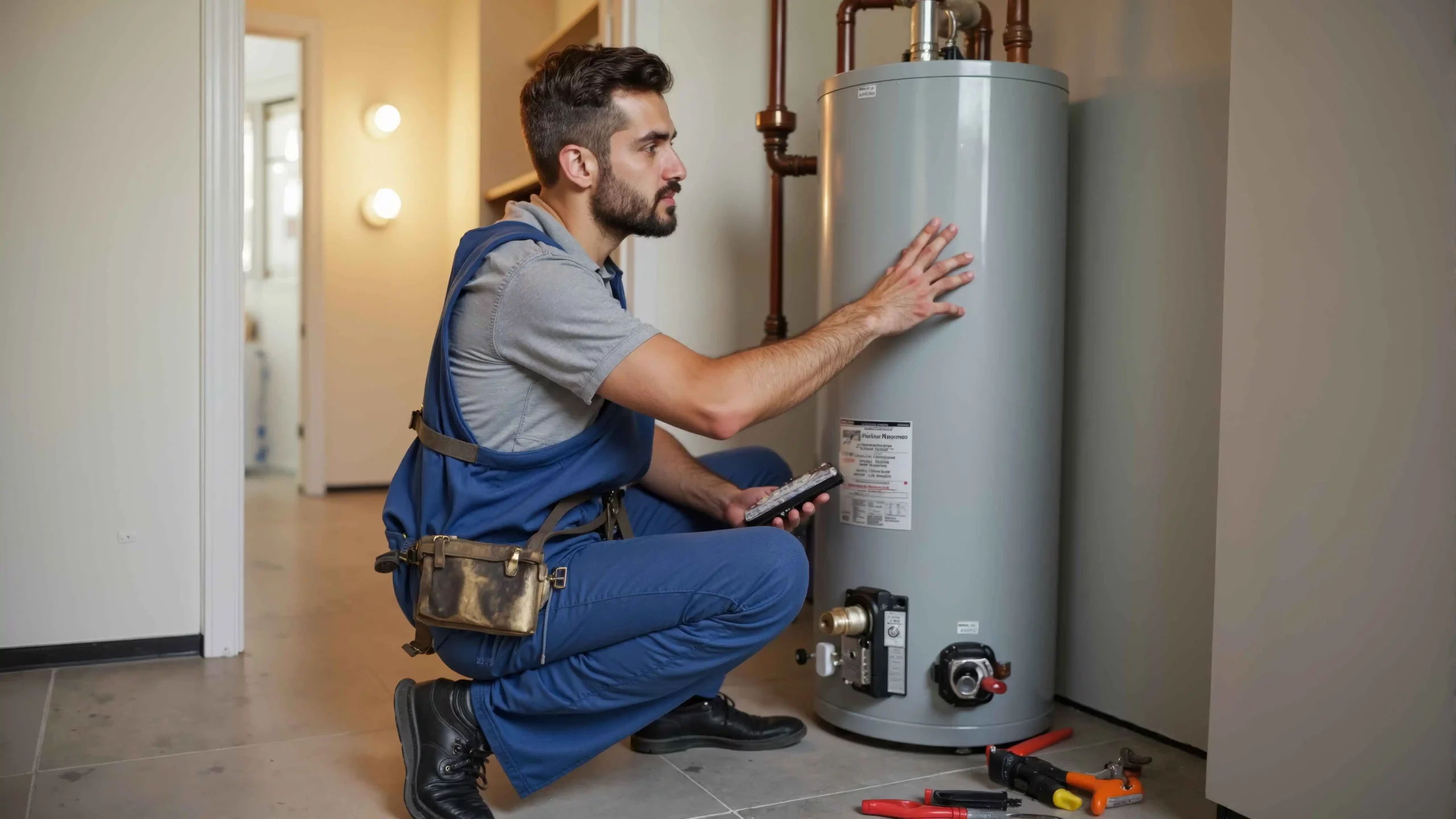 Professional technician inspecting a water heater in a modern home during daytime repairs