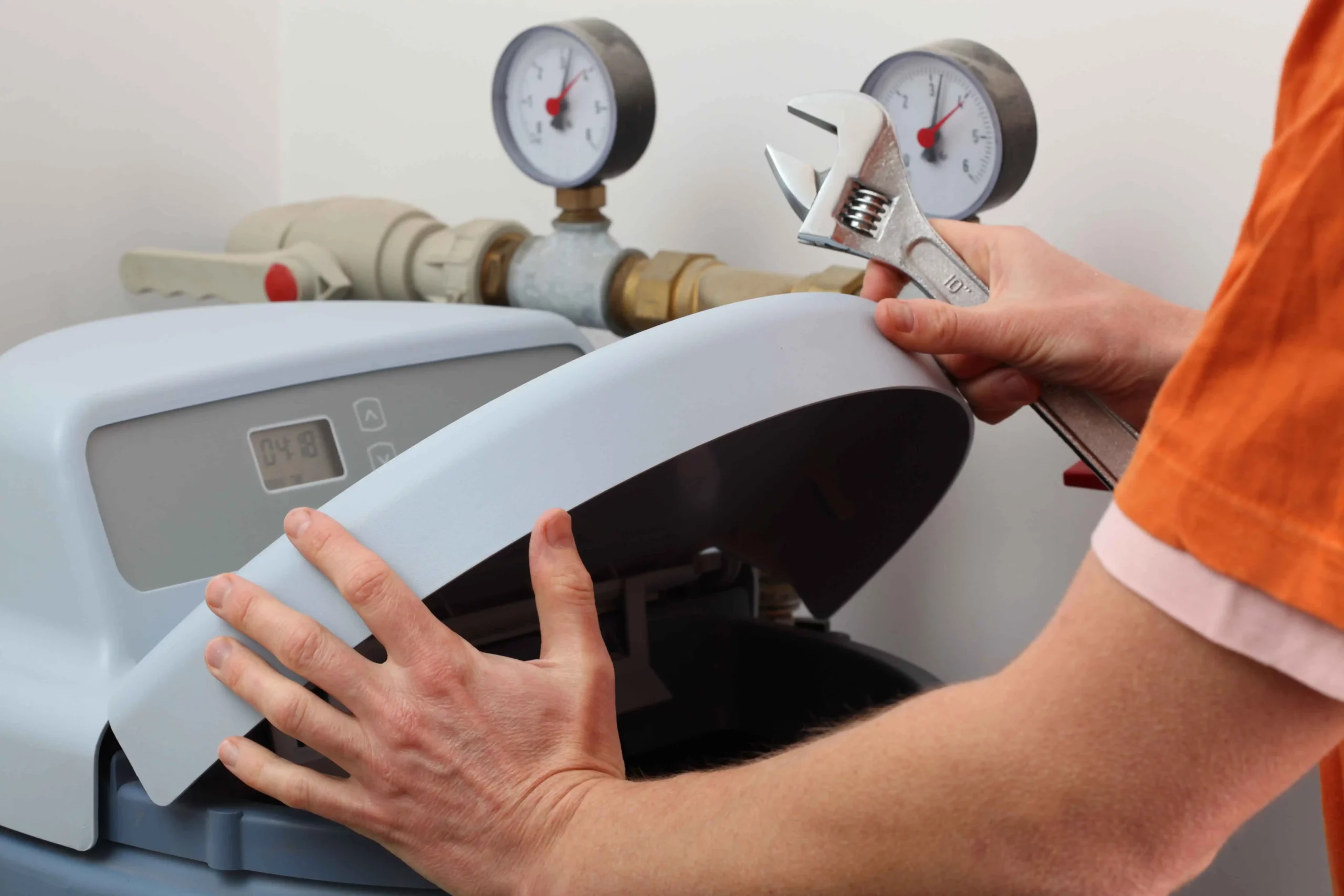 A person in an orange shirt uses a wrench to lift the lid of a water softener system with two pressure gauges in the background