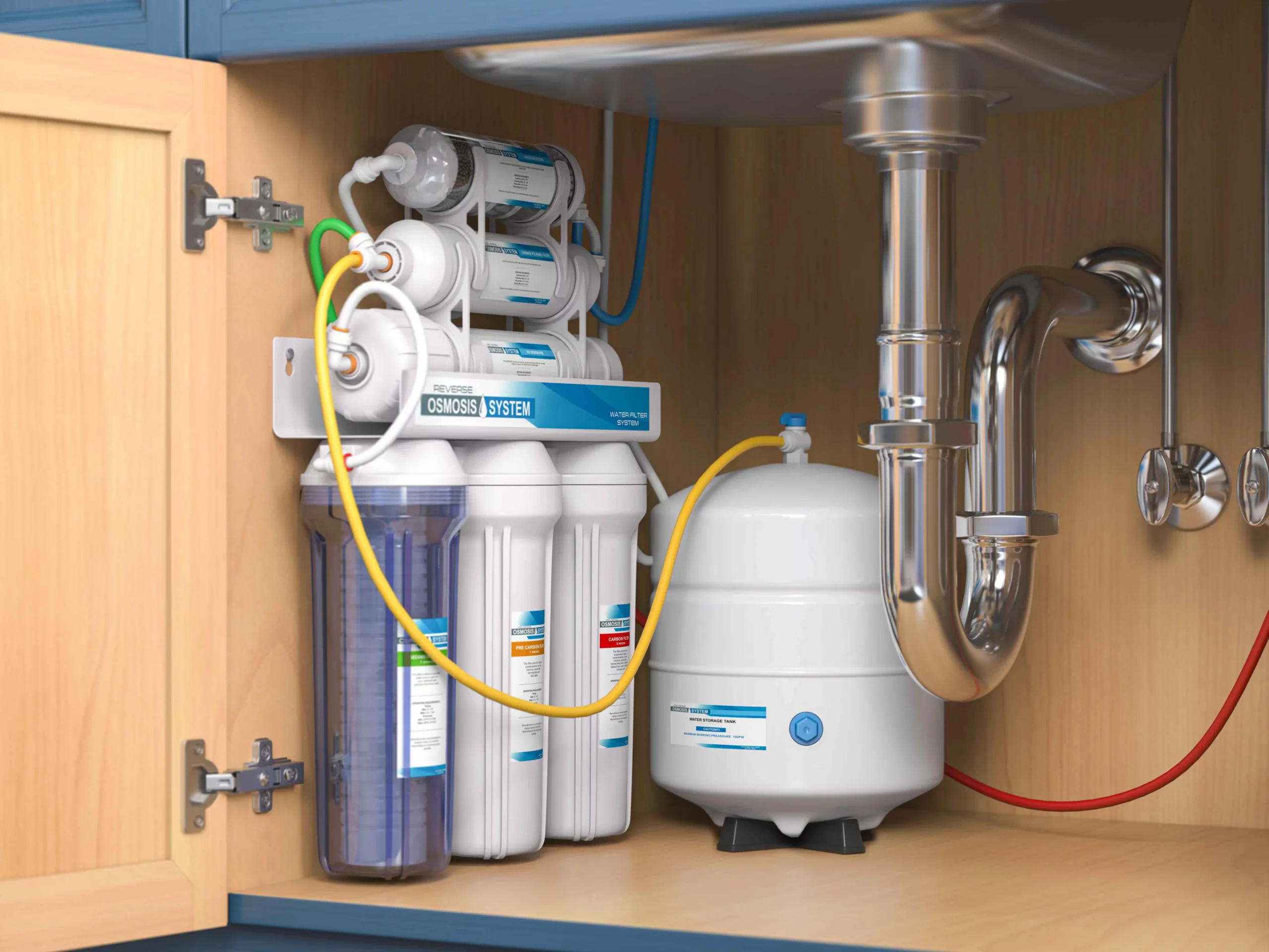 A close-up view of a reverse osmosis water filtration system mounted under a kitchen sink, showing multiple filter canisters and a pressurized storage tank.