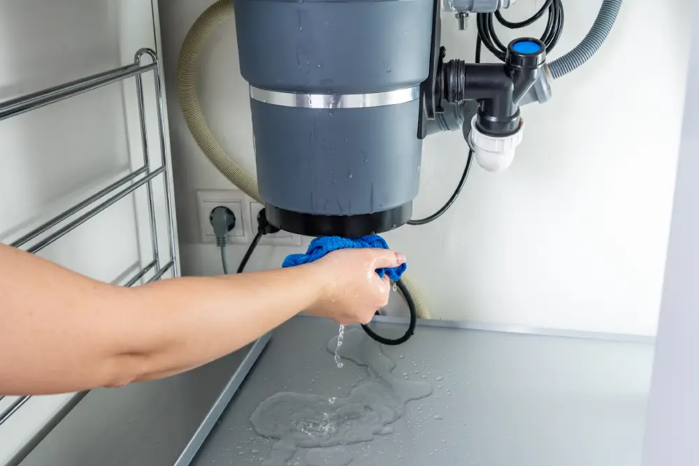 technician servicing a leaking garbage disposal