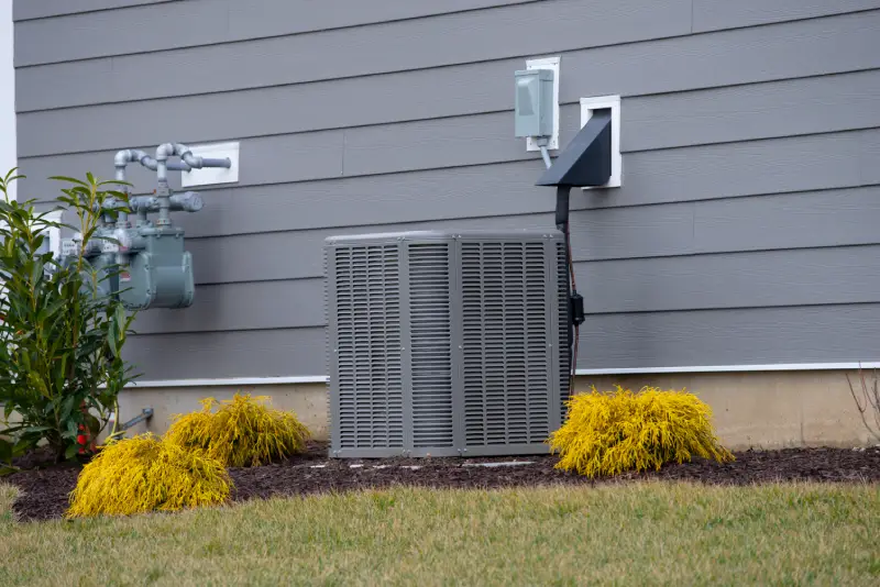 New central AC installation on a suburban residential home with a gas meter in the background.